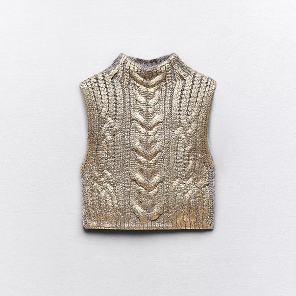 Zara NWT Cable Knit Sweater Vest Special Foil Print Finish Golden Metallic Sz M - Picture 2 of 9